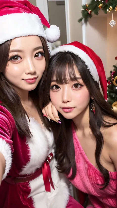 2 womans, japanese gal influencers are sitting and wearing a Dusty pink Velour Santa dress with ribbons and dusty pink velour santa hat with fluffy fur accents, Cluttered pastel Christmas room, gel nails,close up to their face, selfie, instagram