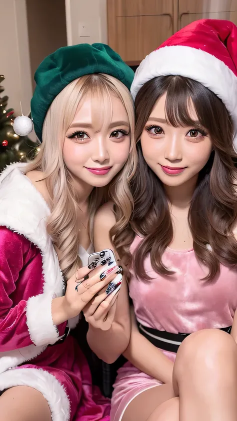 2 womans, japanese gal influencers are sitting and wearing a Dusty pink Velour Santa dress with ribbons and dusty pink velour santa hat with fluffy fur accents, Cluttered pastel Christmas room, gel nails,close up to their face, selfie, instagram