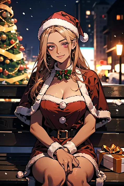  highest image quality taken by Ki,8K wallpaper， above composition .                                                 Female 1,Super beautiful woman，young， look up at viewers ， best smile ，((Brown Skin:1.4)), purple eyes，Blonde，Pink cheeks ，(( Santa Cosplay...