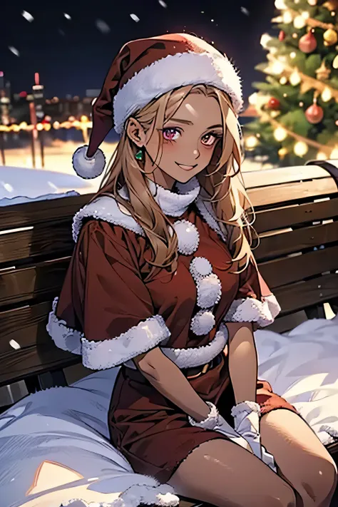  highest image quality taken by Ki,8K wallpaper， above composition .                                                 Female 1,Super beautiful woman，young， look up at viewers ， best smile ，((Brown Skin:1.4)), purple eyes，Blonde，Pink cheeks ，(( Santa Cosplay...