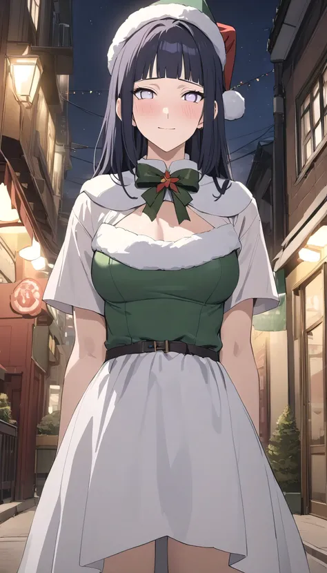 best quality,masterpiece,highres,absurdres,newest,rating: general, (hinata, 1girl, hyuuga hinata, purple eyes,white eyes, blunt bangs), black hair, cristmas red darkbcostume , cosplay, cristmas hat, cristmas costume, blushing , light smile, , cristmas shot...
