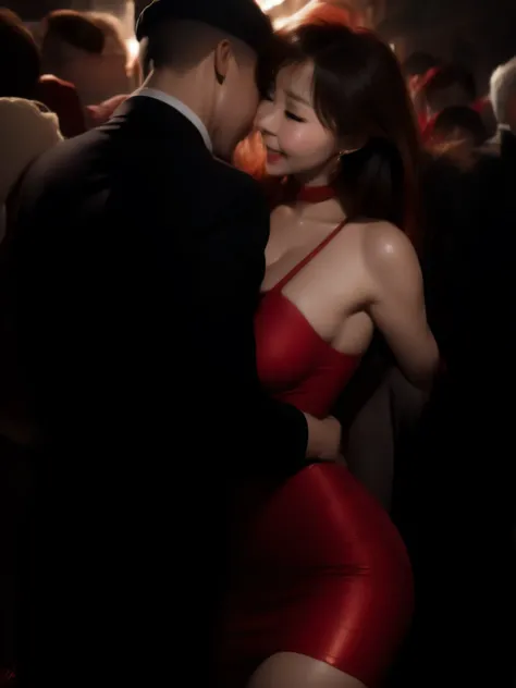 beautiful woman wearing a revealing skirt suit, her elderly husband hugged and kissed her from behind in the crowded crowd, UHD, masterpiece, textured skin, super detail, best quality, 8k.