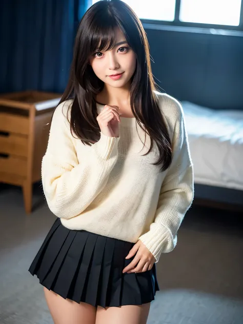 (Best-quality, Masterpiece, Ultra-High-Resolution, (Photorealistic:1.4), Raw Photo, depth of field, professional lighting), 1girl, the most famous Japanese idol, innocent smile, (wearing extremely realistic outfits, sweater, pleated skirt), ((panty shot):1...