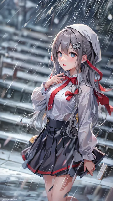  top quality ,  high res,  face details,  ultra detail showing the cathedral, Suzuya_( kancolle ),  One girl , length_hair,  skirt, Alone,  shirt, rain,  wet_ Close , hair_ Ornaments ,  wet, Pleats_ skirt,  full body high quality image , bowtie, red_bow， s...