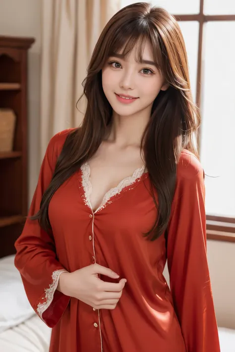 High resolution,bangs, Brown Hair, Long Hair, Brown eyes、chest、165 cm、Model body type、
２４age、Beautiful Face、Natural Makeup、smile、Red pajamas
