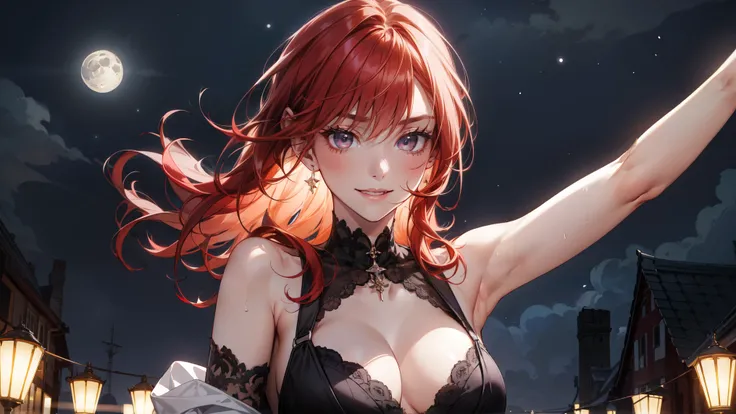 The wallpaper is a city where the moonlight shines in the night sky. A girl with red hair is dancing. She is wearing revealing sexy clothes. The girl is smiling on her white skin. Her gaze is looking straight ahead. It expresses the face as the center.