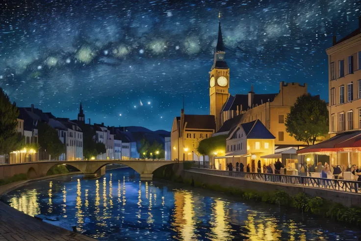 a painting of a Starry Night with a clock tower and a sky background, a jigsaw puzzle by Van Gogh,  shutterstock,  cubism, puzzle art, the Starry Night, Starry Night, Mysterious , puzzle, in the Starry Night, Rectangular artwork, style of van gogh Starry N...