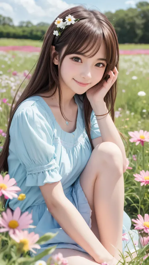 Anime girl in the anime style of the 80s sitting in a field of flowers and looking at the camera, smiling. pastel-colored