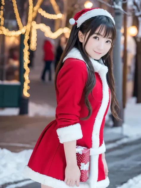 A young woman dressed in a classic Santa Claus outfit stands at a bustling street corner, her red and white coat and matching skirt perfectly tailored to her petite frame. Black boots crunch softly against a thin layer of fresh snow. On her back, she carri...