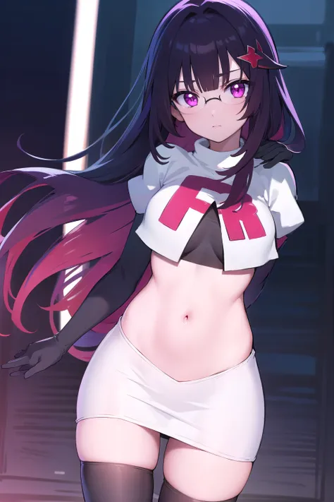 honkaisparkle, black hair, colored inner hair, glasses, hair intakes, hair ornament, hairclip, long hair, multicolored hair, (pink eyes:1.3), purple hair, straight hair, 
BREAK team rocket,team rocket uniform,white skirt,red letter R,crop top,black thigh-h...