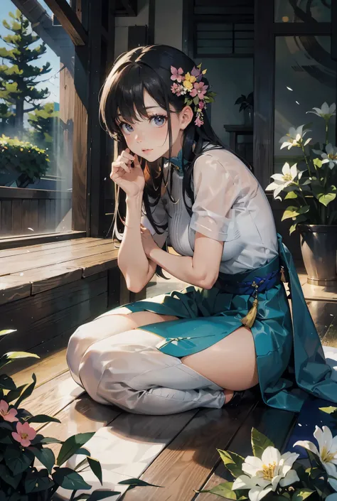 anime - style illustration of a woman, In a lush indoor garden, Japanese woman wearing a plane sheer top, close-up with breasts and soft flowers in the background, creates harmony between nature and beauty, full body, sitting, high cut slit skirt,