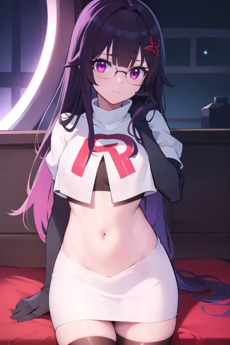 honkaisparkle, black hair, colored inner hair, glasses, hair intakes, hair ornament, hairclip, long hair, multicolored hair, (pink eyes:1.3), purple hair, straight hair, 
BREAK team rocket,team rocket uniform,white skirt,red letter R,crop top,black thigh-h...