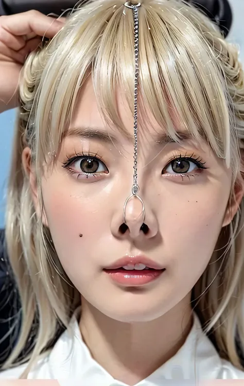 Blonde, Silver hair color ,Close up of a Japanese woman,Symmetrical face,Pretty Japanese woman,She is very, Expressive. She is looking up at the ceiling.,  angle from below,Nostril close-up, beautiful women, camera looking up at her , She is very face, emb...