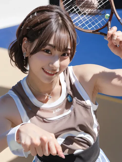 A young female tennis player dressed in a sleek blue tennis outfit stands ready, with her white undergarments visible. gripping her tennis racket with both hands in a poised and focused stance. The sunlight highlights the crisp lines of her attire and the ...