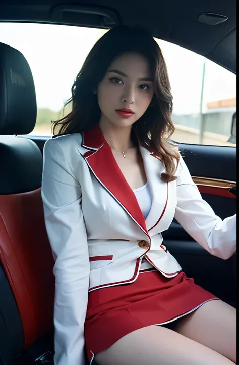 (masterpiece:1.3), (8 thousand,  realistic,  RAW photo,  best quality: 1.4), (1 female),(((Sit in the drivers seat wearing a sexy red short skirt suit in a luxury convertible sports car))), (((The driver&#39;s side door is open.))),  (((하체에 짙은색  realistic ...