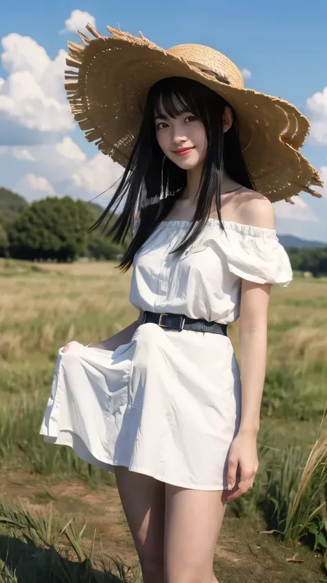 ((Full body 1.4)),( top quality ,masterpiece:1.3, super high res),( very detailed, caustics,8k),( realistic :1.4,RAW shooting),18 years old, cute, Japanese , Straw Hat ,Black hair Medium hair,(Strong winds:1.1),(hair blowing in the wind:1.1),( white camiso...