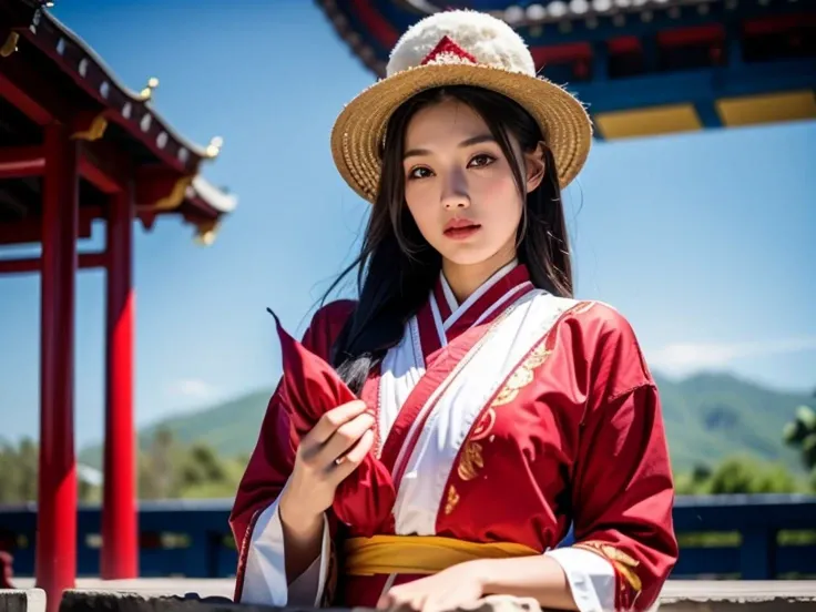 Asian girl in national costume holds a Buddhist hat,Mongolian,blue flag 