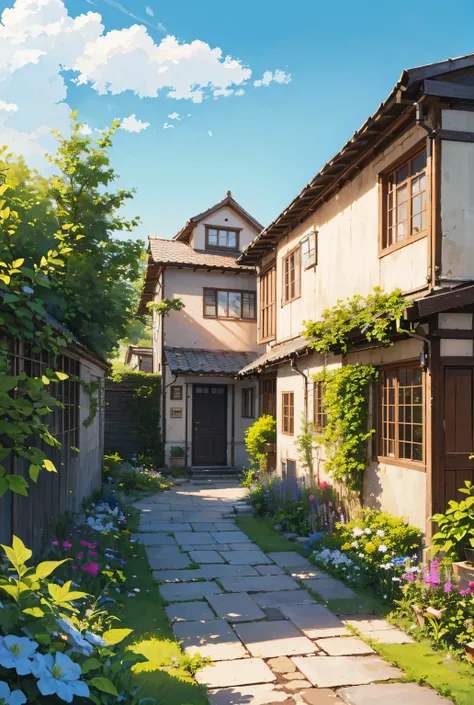 beautiful view in the village, house, garden, blue sky, quiet, high quality 