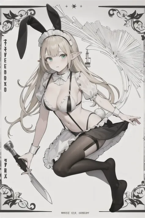 Move 、 Im wearing a hat and knife  .,  Im wearing headphones , (masterpiece,  top quality)  Detailed  , Silver accessory  , Blonde ,, Getaway ,  LAM, pointy ears  ， ，  Wear a white shirt  ,belly button exposure, Full body , Deep V swimsuit panties  ,  long...