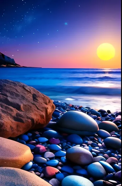 there is a beach with rocks and a full moon in the sky, makes the sea area glowing water, magical beach, glowing lights!! highly detailed, rocks), glowing crystals on the ground, rocky beach, many small and colorful stones, pebbles, cave glowing stones, ni...