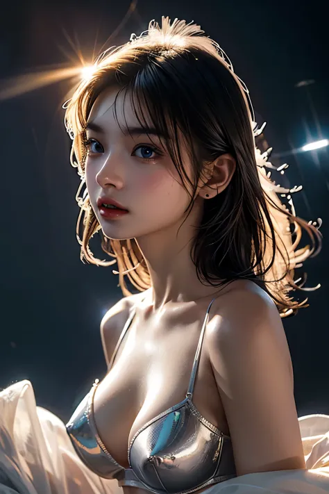 masterpiece, top quality , 8k,  photorealistic,  high res,  1 girl, Alone, ( detail face ),  blondes, Transcendental Beautiful Girl , gem、 princess, glowing skin,A shiny titanium bra made entirely of metal that is perfectly shaped to the shape of the chest...