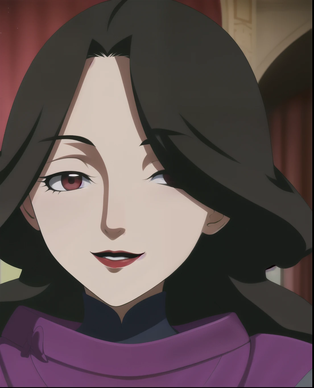  J-cup and the rumored musculoskeletal Takashi 々Beautiful boss , shared room at the destination hotel, portrait,  red eyes, Hair on one eye, black hair,  wave hair,  red lips, Purple Dress, smile, mature woman,  background for the upper class will be cast,...
