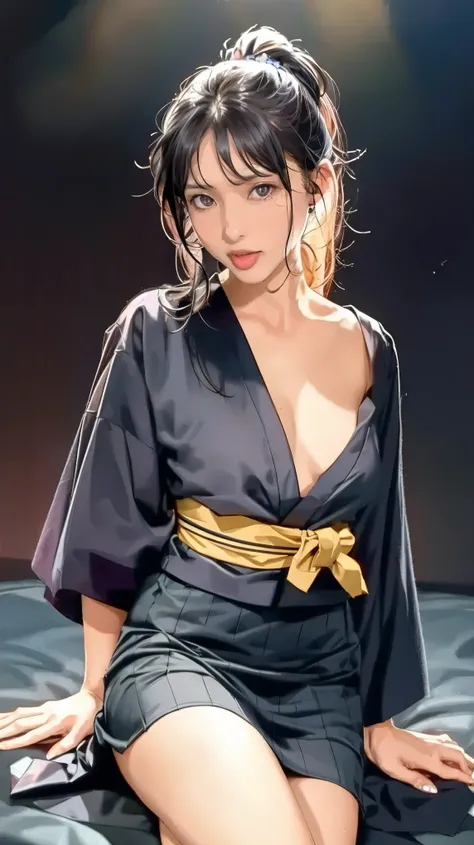 （（（perfect figure，figure，Alone，（（（black robes, sash, hakama skirt）））， （（（What are you doing?, folded ponytail））），((masterpiece)),high resolution, ((Best quality at best))，masterpiece，quality，Best quality，（（（ Exquisite facial features，Looking at the audienc...