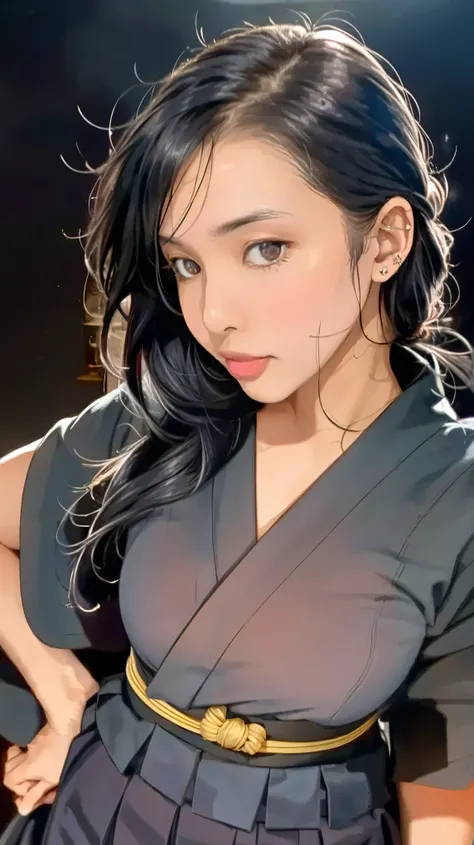 （（（perfect figure，figure，Alone，（（（black robes, sash, hakama skirt）））， （（（What are you doing?, long black hair））），((masterpiece)),high resolution, ((Best quality at best))，masterpiece，quality，Best quality，（（（ Exquisite facial features，Looking at the audienc...