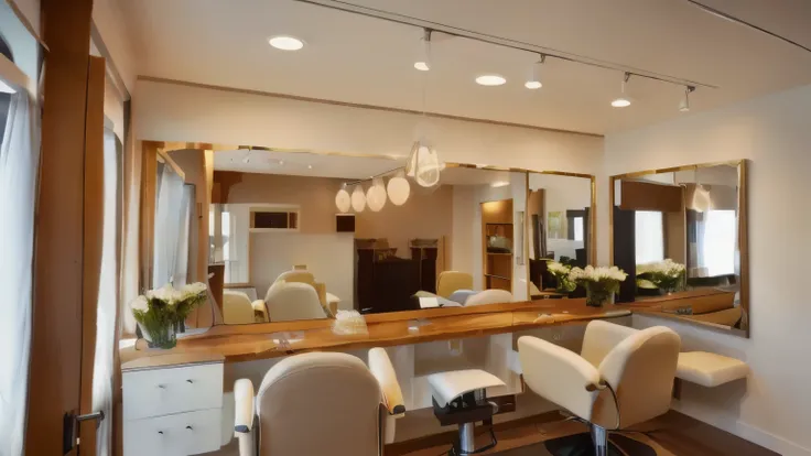  Aerial View of the Salon with Chairs and Mirrors, Whole room,  , Indoor Settings, by Taiyō Matsumoto,  Warm Interior Lighting ,  Clean and Perfect Design ,  Mirror and Glass Surface ,  The Sun Is Shining ,  uploaded ,   Untouched and Clean Design  , Full ...