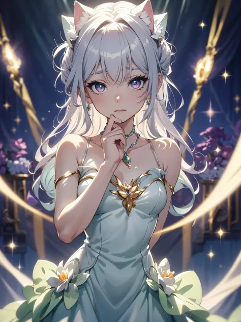 masterpiece, highest quality, figure, alexandrite eyes and hair, platinum earrings, Platinum Necklace, white dress, The Little Mermaid, cute, (dynamic lighting:1.2), cinematic lighting, delicate features, fine eyes, sharp pupils, realistic student, Depth o...