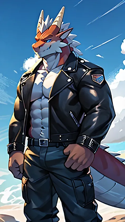  Draw a tall and burly male dragon ，Smile forward ，He has clear blue eyes， Wearing a leather jacket and cargo pants 