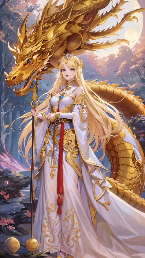  princess (Blonde,  is wearing a long dress,  holding a magic wand ), background (forest, moon), Chinese Dragon (One, Five-clawed golden dragon,  Two Wings ), Princess riding a dragon  