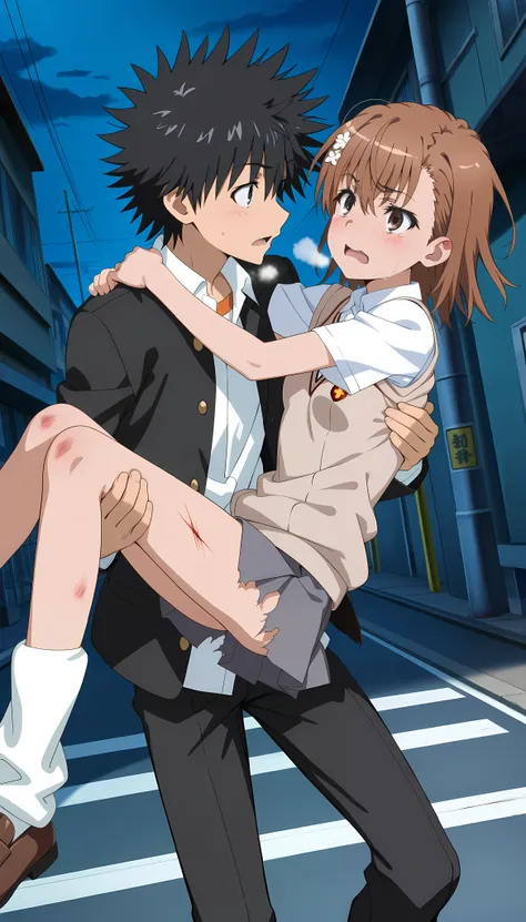 (masterpiece,best quality:1.2,amazing quality,very aesthetic,absurdres,newest),official style,2d the anime,( action scene ),(Kamijou Touma,misaka_mikoto,a certain magical index),1man and 1woman, princess carry,rescue,(adult),(very small head:1.2),tears, ro...