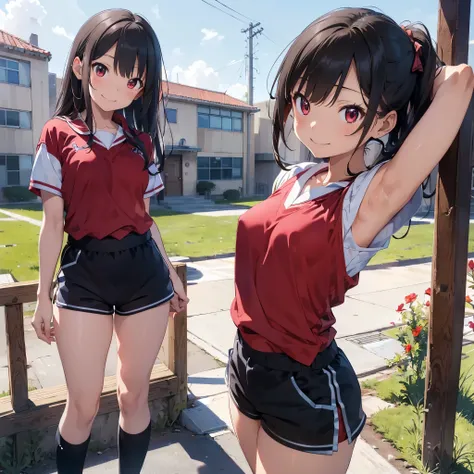 masterpiece, best quality, very detailed body, ultra detailed, very detailed face, (((anime))), ((2women, junior high school students, short pants)), ((slanting view)), ((looking away)), (((gymnastic uniform, crimson jersey))), (smile), (((small breasts)))...