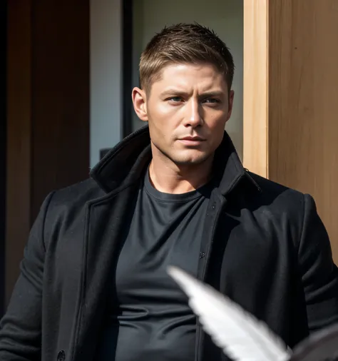 40 years old, One Man,、  muscular、 Jensen Ackles。Black coat。 Angel&#39;s White Wings。 black shirt 、  slim jeans similar to Kim Seol-young 　、 snowy mountains、　  black shirt、  slim jeans similar to Kim Seol-young 　View from below、 　 upper body lift 　  black ...