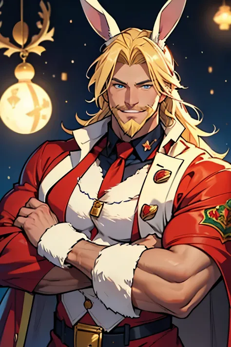 Adult man. buff warrior,, long blonde mullet, blonde mustache and goatee, blue eye,smiling,. blonde beard, buff, bunny ears, bunny boy, santa suit