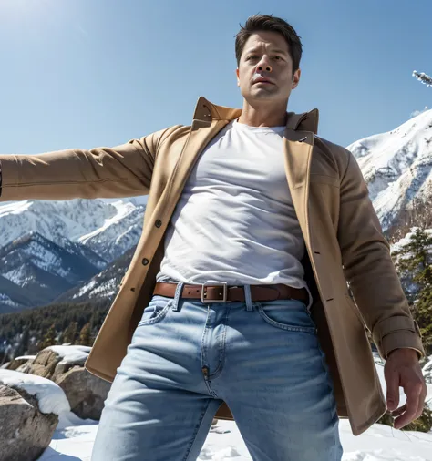 40 years old, One Man,、 Misha Collins。 brown coat。  white shirt 、  slim jeans similar to Kim Seol-young 　、 snowy mountains、　  white shirt、  slim jeans similar to Kim Seol-young 　View from below、 　 upper body lift 　  white shirt　Menacing look　 　 　 face up　M...