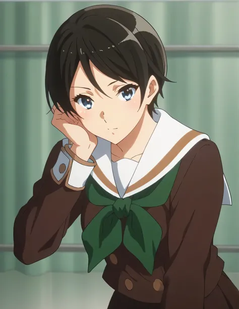 score_9, score_8_ up, score_7_ up, score_6_ up, score_5_ up,  Source_Anime, rating_safe, medium breasts, indoor, hospital,  One girl , Alone,  viewers, suzuki mirei ,  Shorthair, Eyebrow hair,  blue eyes,  school uniform, Sera Clothing, Brown uniform , Whi...