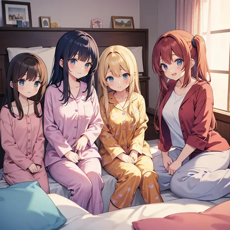 Anime style image of a large group of girls in pajamas in a room