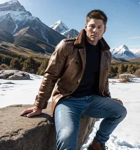 「40 years old, 2 guys, snowy mountains、 Jensen Ackles。Black leather jacket 。 black shirt 、  slim jeans similar to Kim Seol-young 　、Misha Collins。 brown coat。  white shirt 、  slim jeans similar to Kim Seol-young 　、 snowy mountains、　  white shirt、  slim jean...