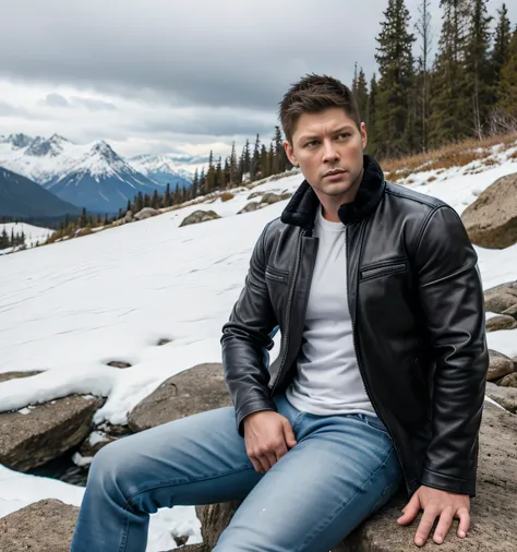 「40 years old, 2 guys, snowy mountains、 Jensen Ackles。Black leather jacket 。 black shirt 、  slim jeans similar to Kim Seol-young 　、Misha Collins。 brown coat。  white shirt 、  slim jeans similar to Kim Seol-young 　、 snowy mountains、　  white shirt、  slim jean...