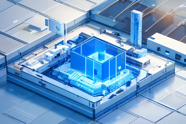 Power plant in operation. Office, workers, industrial scene, isometric floor, HD 4K clear frosted glass, light yellow and a bit of blue, cream background, Microsoft design style, rendered in cinema4d, high resolution, focus stacked to show details.