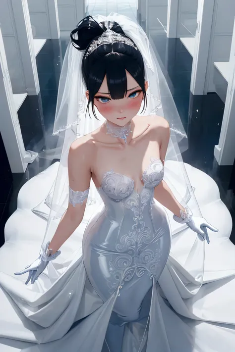 Graceful blushed slender flat chest androgynous sissy female with cerulean ponytail hairstyle and bangs wearing latex full white bodycon mermaid wedding dress with extremely long train, long gloves, full body view from above, seductive & alluring gesture, ...