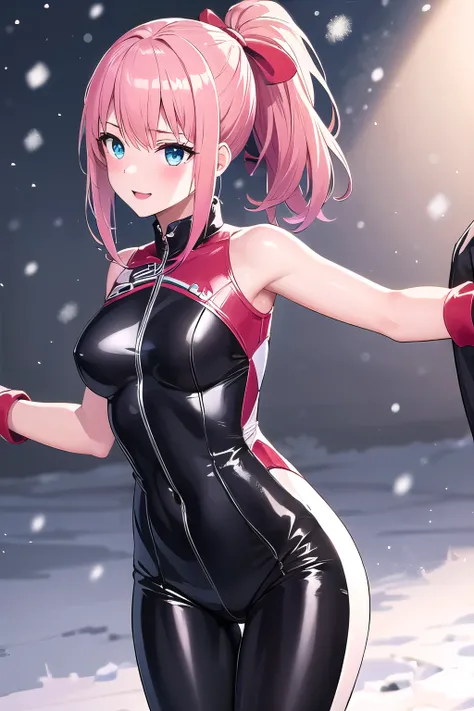 1girl,Samus aran,solo,blue eyes, pink hair, forehead hair, Red and white striped bodysuit with a plunging neckline, black lace-up boots, red and green glitter eyeshadow, a high ponytail with a red bow, a playful and flirty expression, and a confident pose ...