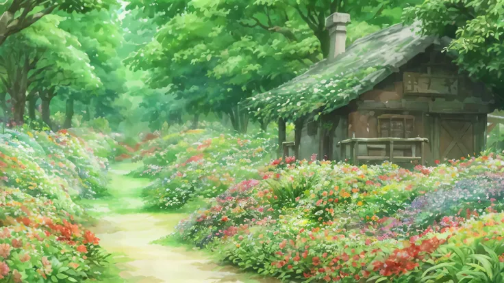 Floresta, melhor qualidade, background, flowers, fantasy ,Studio Ghibli Inspired , Watercolor