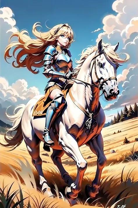 ((best quality)), ((anime masterpiece)), (high detailed), 8k, cinematic lighting, perfect face, large breast, cleavage, (((female knight riding on a WHITE HORSE)), (long curly hair, {blonde hair}, blue eyes), (breastplate, shoulder pads, mini miniskirt, ba...