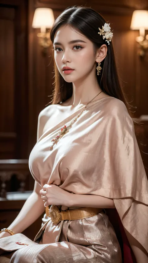 (raw photos:1.2), (realistic:1.4), (Masterpiece:1.3), (best quality:1.4), Ultra high resolution, (Detailed eyes), (Detailed facial features), (Detailed clothing features), HDR, 8K resolution, Focus only, Dressing according to Thai tradition, traditional sh...