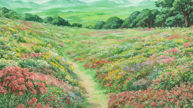 Floresta, melhor qualidade, background, flowers, fantasy ,Studio Ghibli Inspired , Watercolor ,landscape