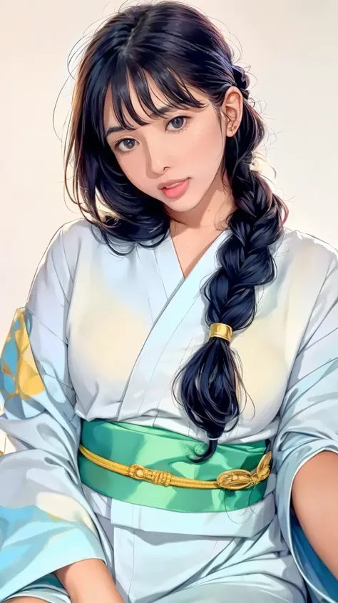 （（（perfect figure，figure，Alone， （（（White kimono,long sleeves, wide sleeves, ））），（（（black hair, long hair, hair pulled back,parted lips,black eyes, Single braid,））），((masterpiece)),high resolution, ((Best quality at best))，masterpiece，quality，Best quality，（...