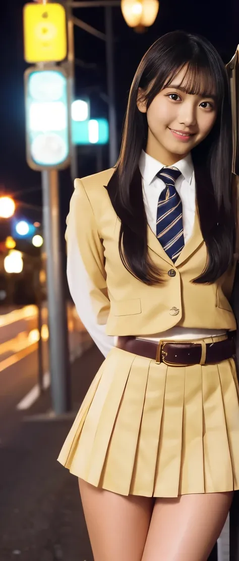  pure idol girl、、Tanned Thick Legs 、、、pleated miniskirt uniform（ gold）、Cool Belt、Good style、A pure girls face、Beautiful night view